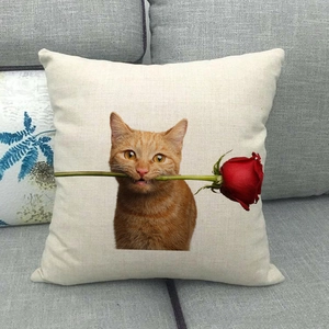 Detail of linen cushion cover featuring a cute orange cat holding a red rose print