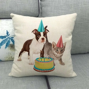 Detailed texture of linen cushion cover with cat and dog birthday party digital print