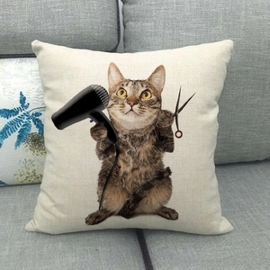 Linen texture cat barber print square pillow case on gray sofa for home decor