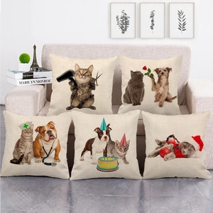 Detail view of five linen cat and dog cushions on a cozy sofa in a home setting