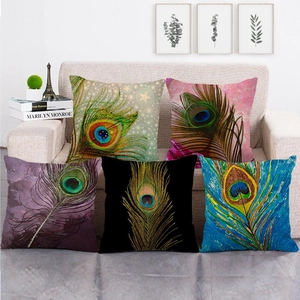Aquarell Pfauenfeder Muster Leinen Kissenbezug Künstlerischer Pastoraler Stil Dekorativer Quadratischer Kissenbezug Für Sofa Heimdeko