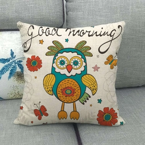 Housse de coussin en lin hibou dessin animé avec imprimé Good morning déco