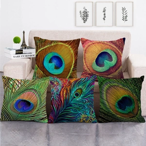Peacock Feather Linen Decorative Throw Pillowcase Square Cushion Cover For Sofa Living Room Bedroom Artistic Home Decor Accent