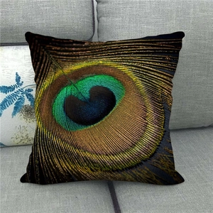 Close-up of peacock feather print texture on linen decorative throw pillow case