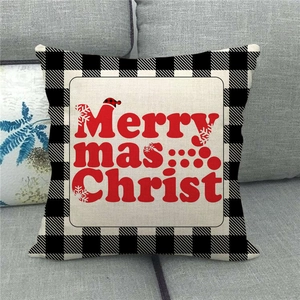 Merry Christmas pillow cover with buffalo plaid border and festive red lettering