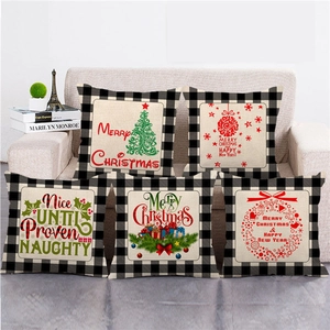 Christmas Linen Pillowcase Cushion Cover Buffalo Plaid Merry Christmas Square Rustic Home Decor For Sofa Living Room Bed