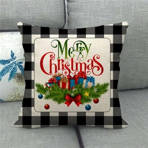 Plaid Merry Christmas linen pillow cover with festive pine and gift box design