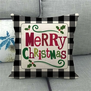 Merry Christmas linen pillowcase with black and white buffalo plaid and festive berry print