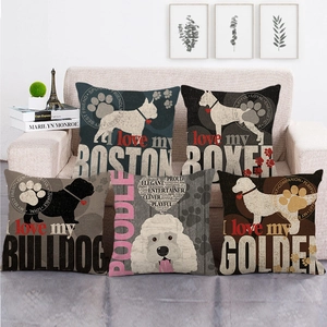 Linen pillow covers featuring various dog breeds like Golden Retriever and Bulldog
