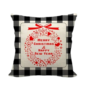 Merry Christmas linen pillow cover with red festive graphics and black buffalo plaid border