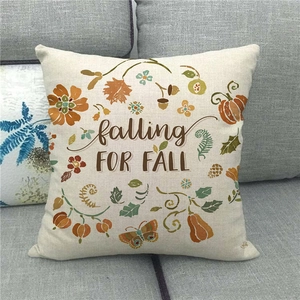 Federa per cuscino autunnale in lino con scritta falling for fall e ghirlanda zucca