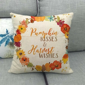Detailed texture of linen pillowcase with Pumpkin Kisses Harvest Wishes print