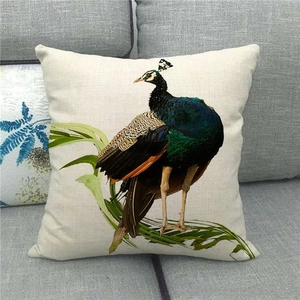 Detailed texture of peacock linen pillowcase on a grey sofa with vibrant artistic print