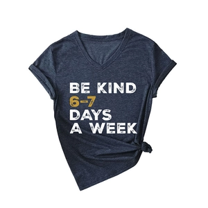 Women's V-neck Be Kind T-shirt in navy blue with a stylish front side knot detail