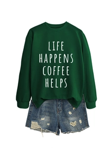 Detail view of Life Happens Coffee Helps dark green sweatshirt and ripped denim shorts set