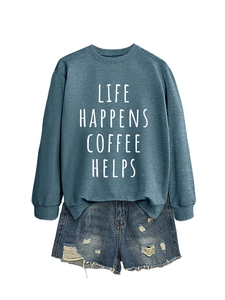 Detail of Life Happens Coffee Helps sweatshirt with distressed denim shorts