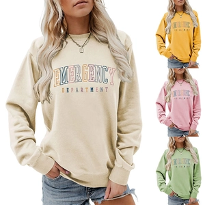 Detail view of colorful Emergency Department print sweatshirt in multiple color options