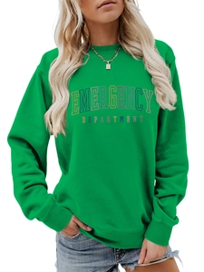 Detailed view of Emergency Department lettering on ribbed green cotton sweatshirt