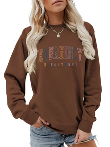 Close-up of the colorful Emergency Department print on a brown women's casual sweatshirt