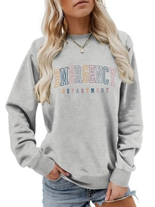 Macro view of grey sweatshirt with emergency department collegiate lettering print