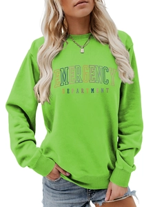Detail of neon green crewneck sweatshirt with emergency department lettering