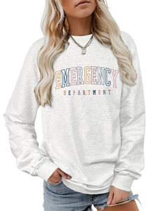 Front view of grey crewneck sweatshirt with emergency department letter print