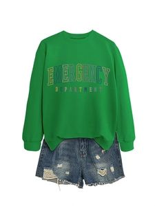 Green crewneck sweatshirt with emergency department print and ripped denim shorts set