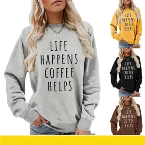 Women Casual Long Sleeve Round Neck Sweatshirt Cotton Blend Slogan Print Pullover Loose Fit Fashion Jumper Tops For Autumn