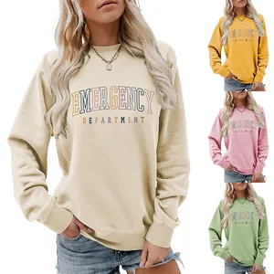 Women Round Neck Sweatshirt Cotton Blend Long Sleeve Emergency Department Letter Print Streetwear Loose Casual Pullover Top