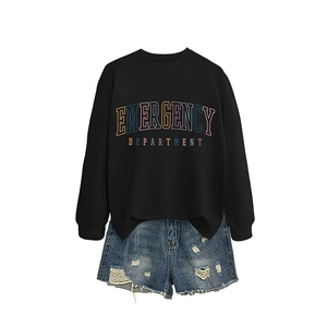 Women's black emergency department sweatshirt and distressed denim shorts outfit set