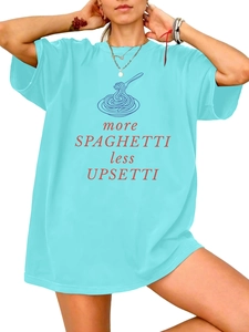Detail of teal spaghetti graphic t-shirt showing comfortable crew neck and slogan