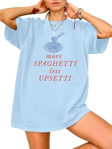 Close-up of light blue cotton T-shirt featuring More Spaghetti Less Upsetti graphic print