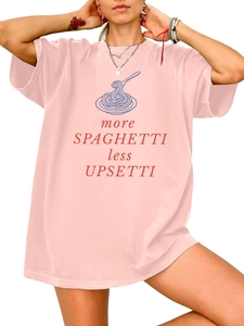 Pink cotton t-shirt detail showing more SPAGHETTI less UPSETTI print with pasta graphic