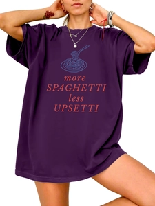 Detail view of More Spaghetti Less Upsetti graphic on oversized purple cotton t-shirt