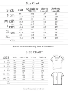 Detailed size chart for women's short sleeve T-shirt with measurements from S to 2XL