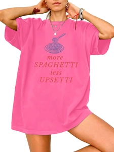 Close-up of hot pink oversized cotton T-shirt with spaghetti graphic and pun typography