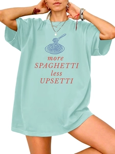 Detail of light cyan cotton T-shirt featuring more spaghetti less upsetti slogan print