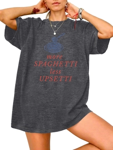 Detail of grey More Spaghetti Less Upsetti slogan print on loose cotton T-shirt