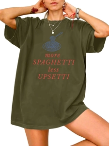 Detail of army green oversized cotton t-shirt with more spaghetti less upsetti slogan
