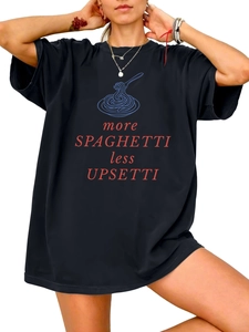 Close-up of more spaghetti less upsetti funny graphic print on black cotton t-shirt