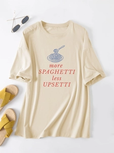 Flat lay of beige cotton T-shirt with spaghetti print and humorous slogan on white background