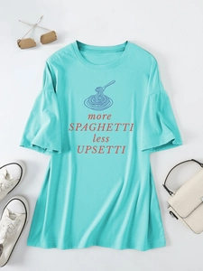 Flat lay of a turquoise t-shirt with More Spaghetti Less Upsetti text and flounce sleeves