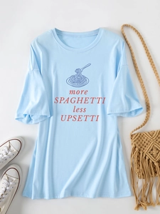 Close-up of more spaghetti less upsetti slogan print on light blue cotton t-shirt