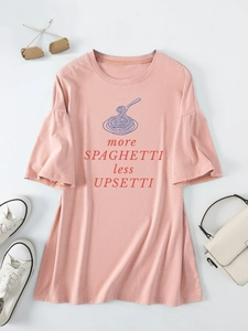 Pink relaxed T-shirt featuring spaghetti graphic and fun quote with casual accessories