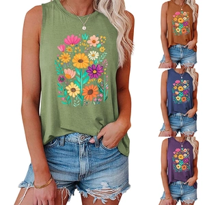 Detail showing various color options for women's floral sunflower sleeveless tank tops