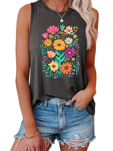Close-up of floral print on grey sleeveless tank top paired with denim shorts