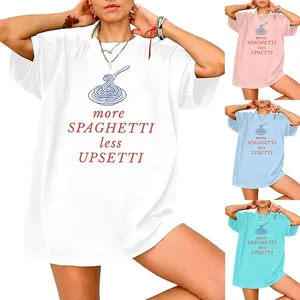Women Oversized T-Shirt Cotton Blend Short Sleeve Round Neck Funny Spaghetti Print Slogan Loose Casual Streetwear