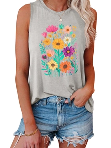 Detailed close-up of vibrant floral art print on casual sleeveless grey tank top