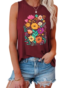 Close-up of sleeveless burgundy tank top with vibrant floral prints and crew neck detail