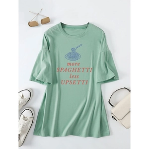 Relaxed light green T-shirt with spaghetti graphic and funny slogan on a white background